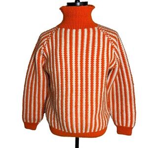 Handmade HandKnit Women's Sweater Orange & White Stripes, Sz L, Turtle/Mock Neck